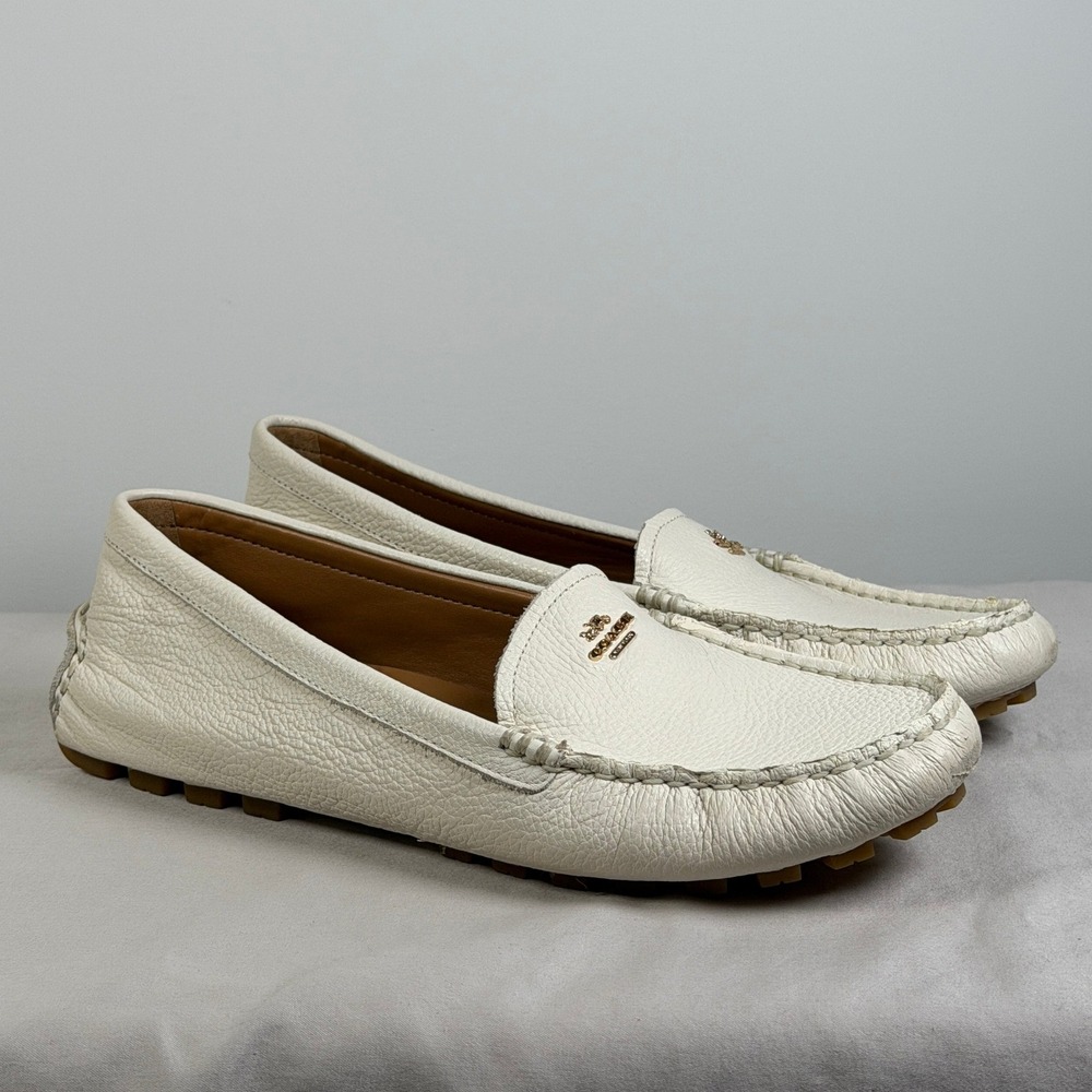 Coach Amber White Pebbled Leather Driving Loafers Gold Hardware Womens 10 B